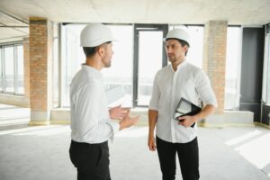 Two Specialists Inspect Commercial, Industrial Building Construction Site.